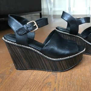 Leather platform wedge heeled sandals